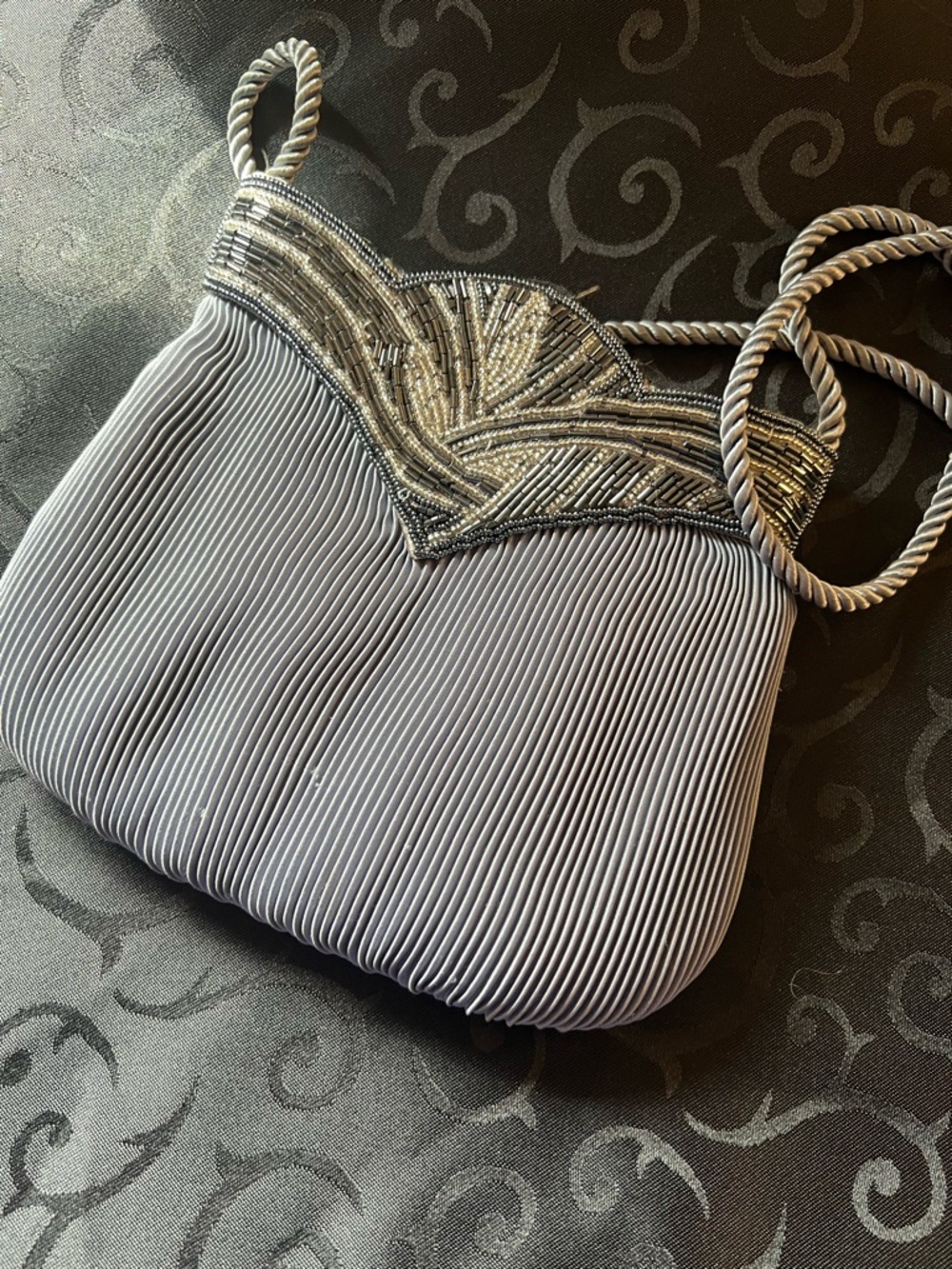 Vintage Pleated silky Elegant Silver Beaded Crossbody Bag - Picture 5 of 7